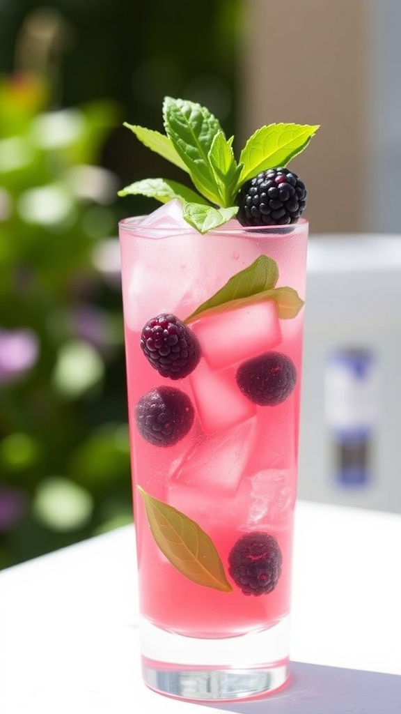 A refreshing blackberry basil tequila cocktail in a tall glass, garnished with basil and a blackberry, set against a bright outdoor background.